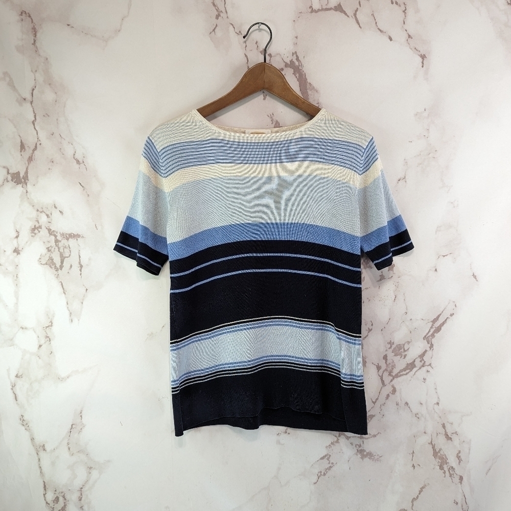 Talbots Top Womens Small Blue Cream Striped Silk Sweater Short Sleeve Knit